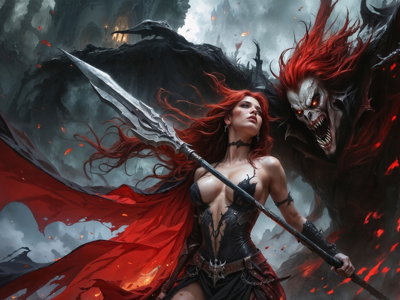 Рыжеволосая девушка с копьем с монстром