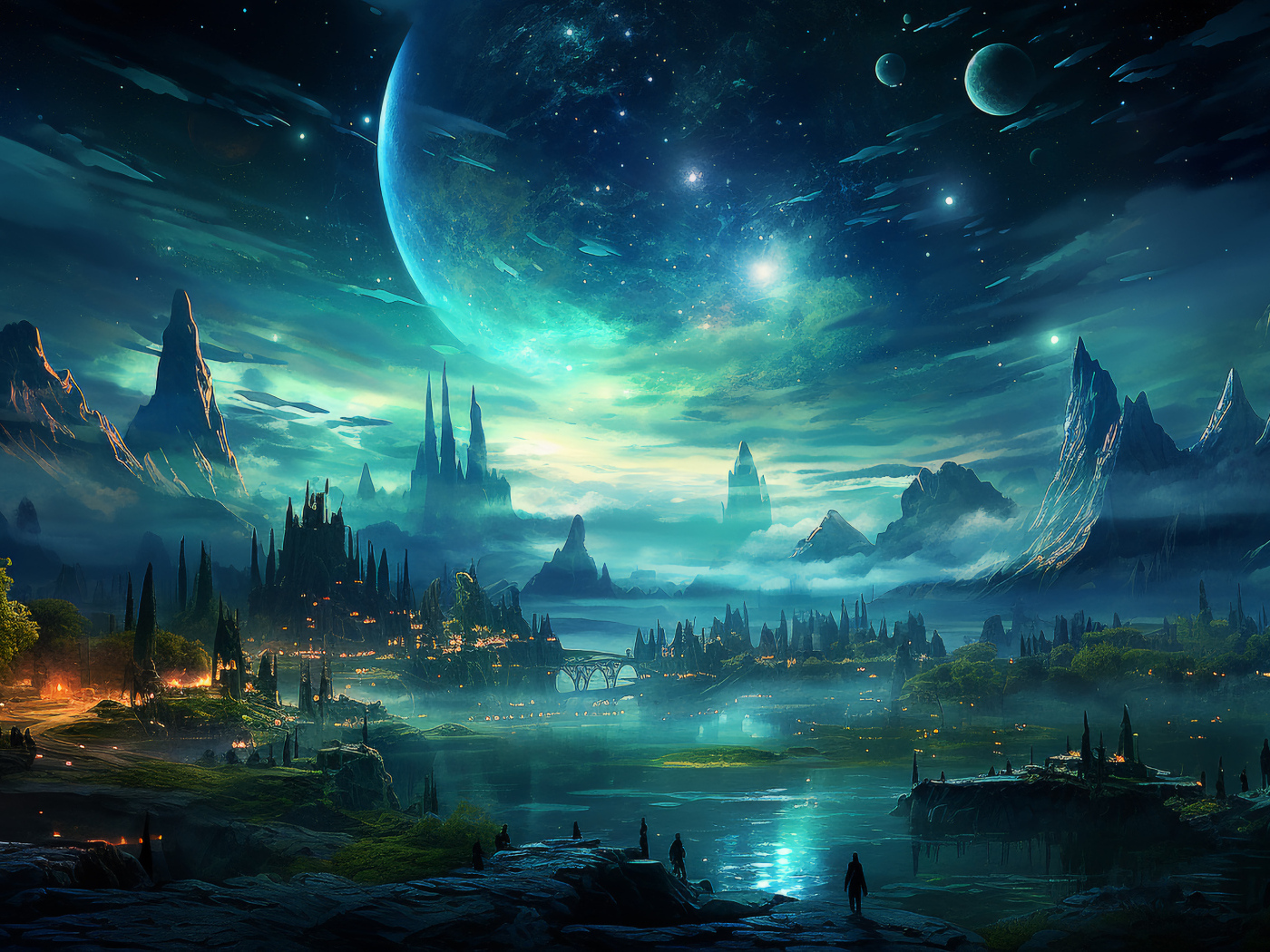 Вид на фантастический город ночью 