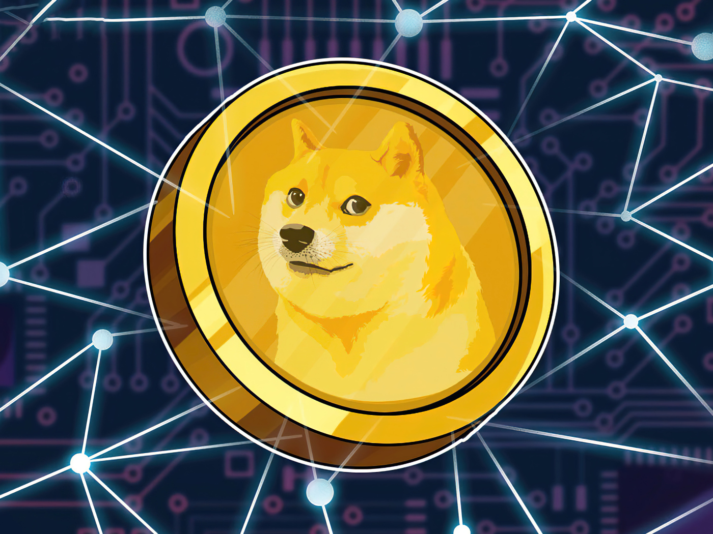 Монета dogecoin на фоне с  сеткой