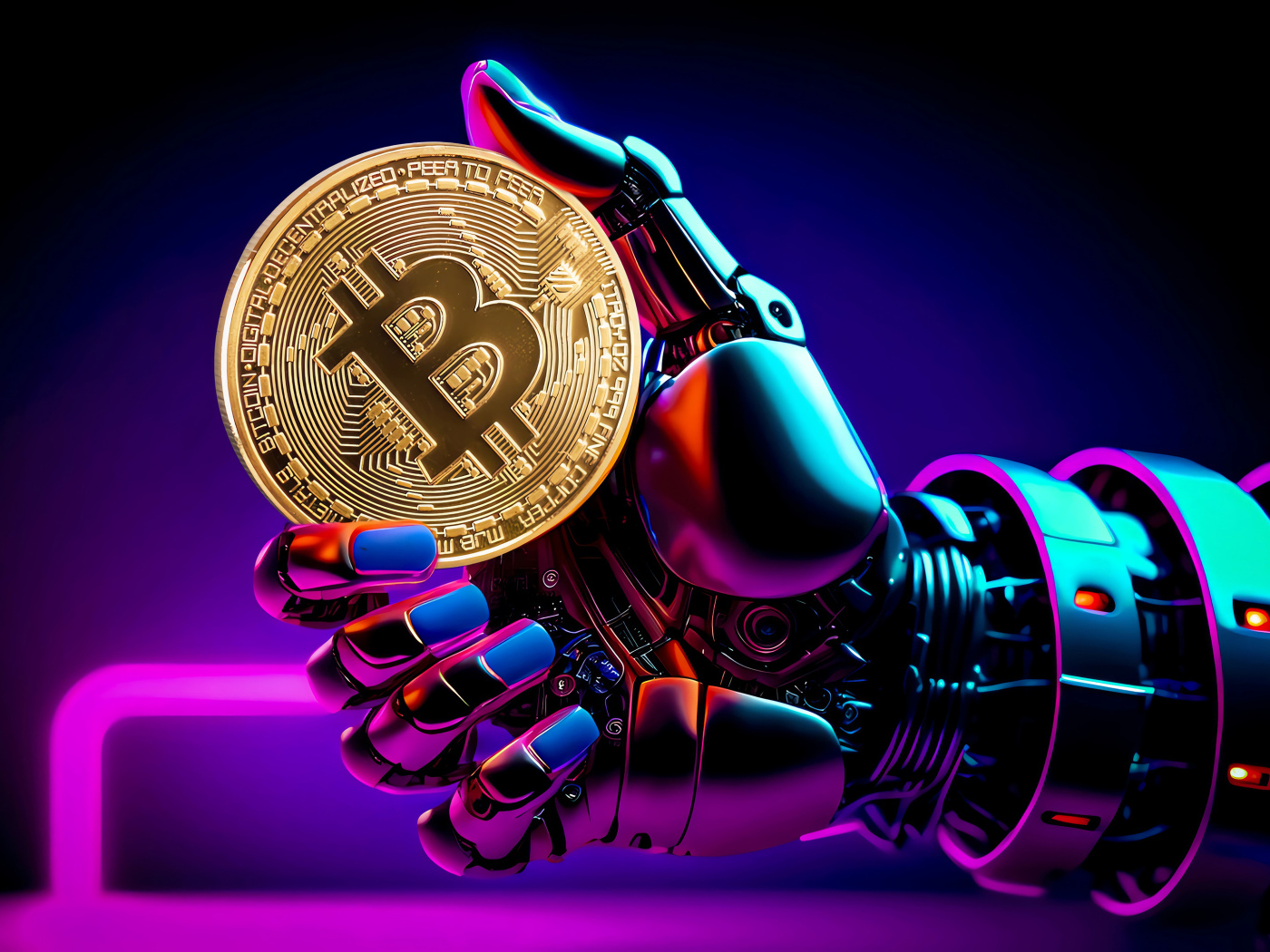 Золотая монета биткоин в руке у робота