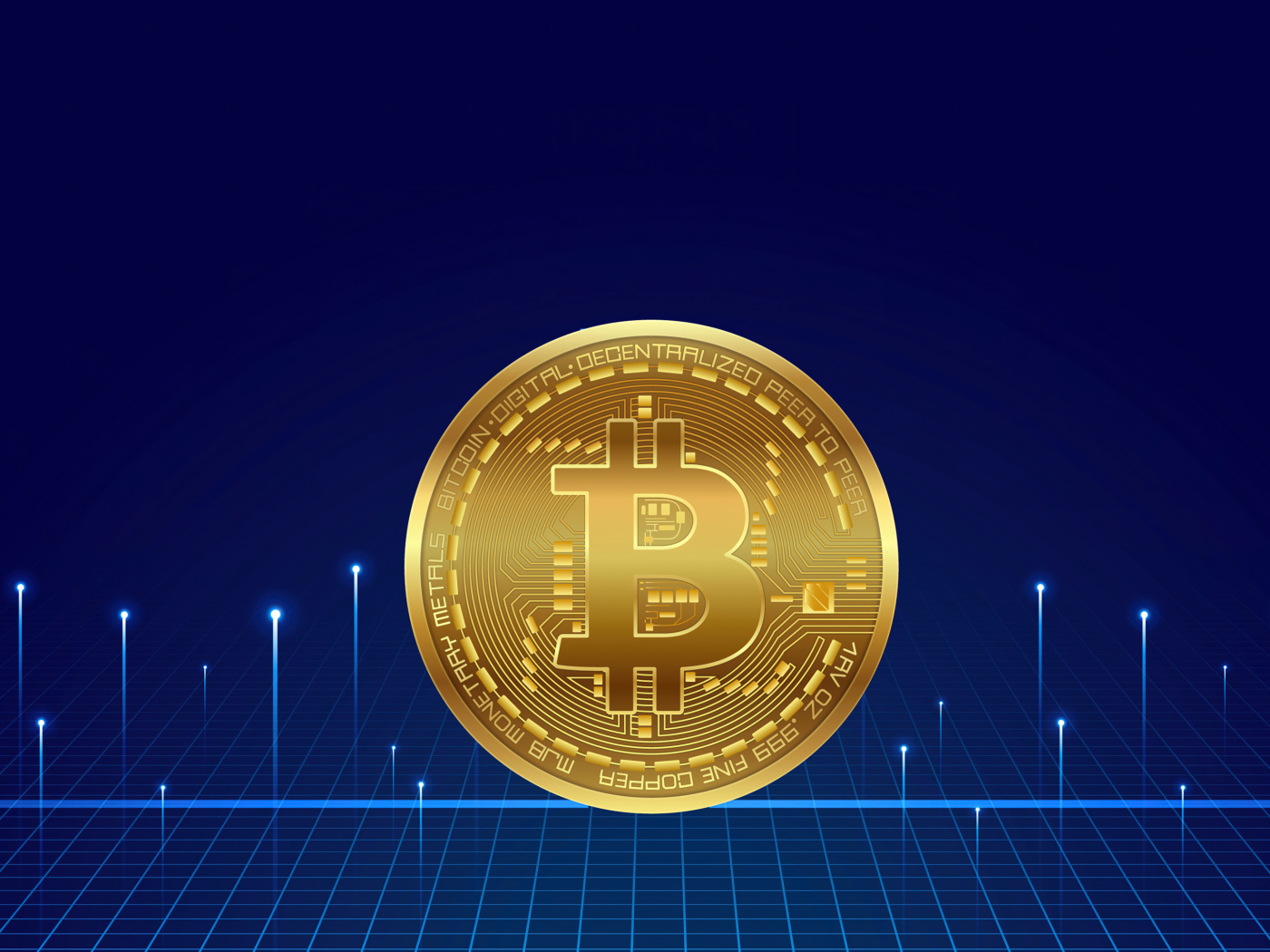 Золотая монета биткоин на синем фоне с неоновыми  лучами