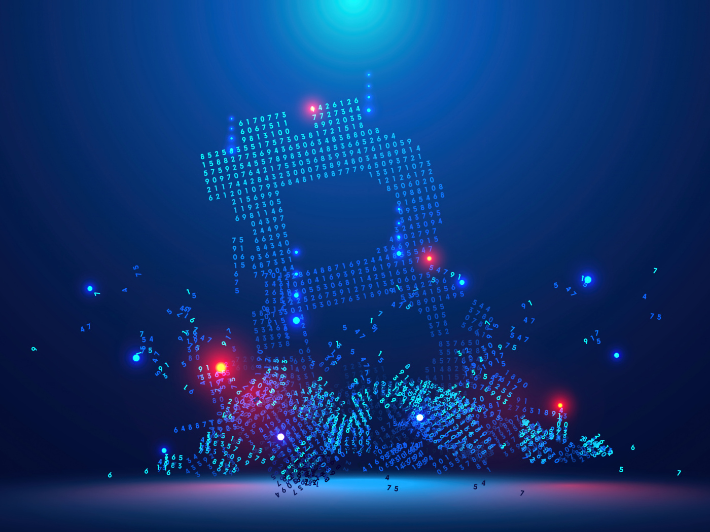 Значок биткоин разрушается на числовой код на синем фоне