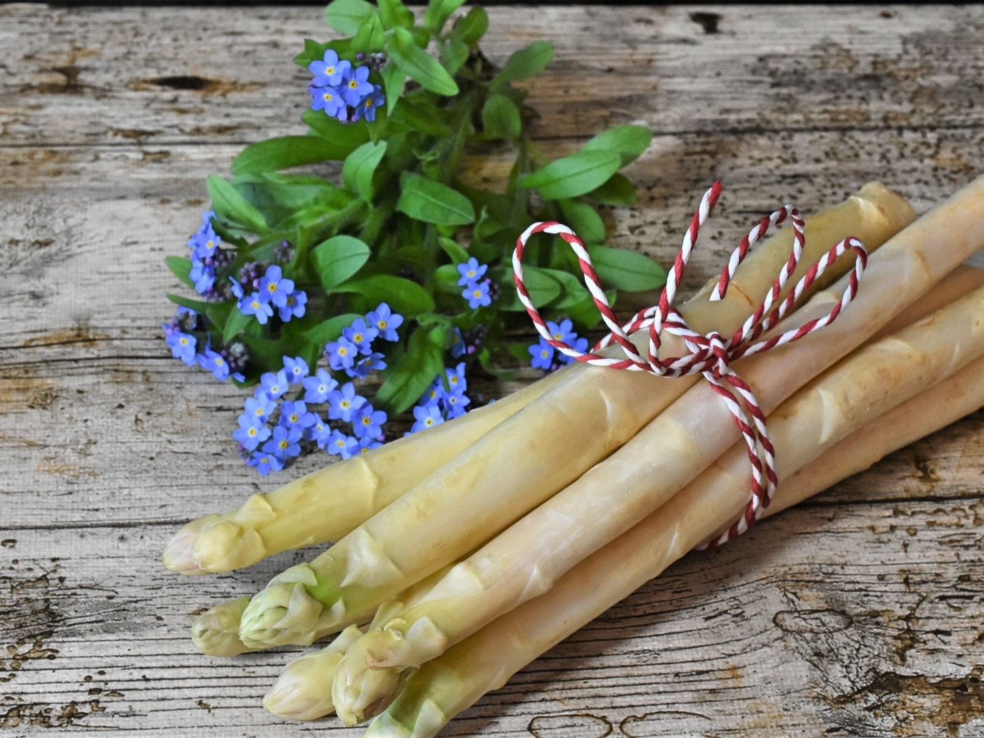 Спаржа на столе с цветами незабудки