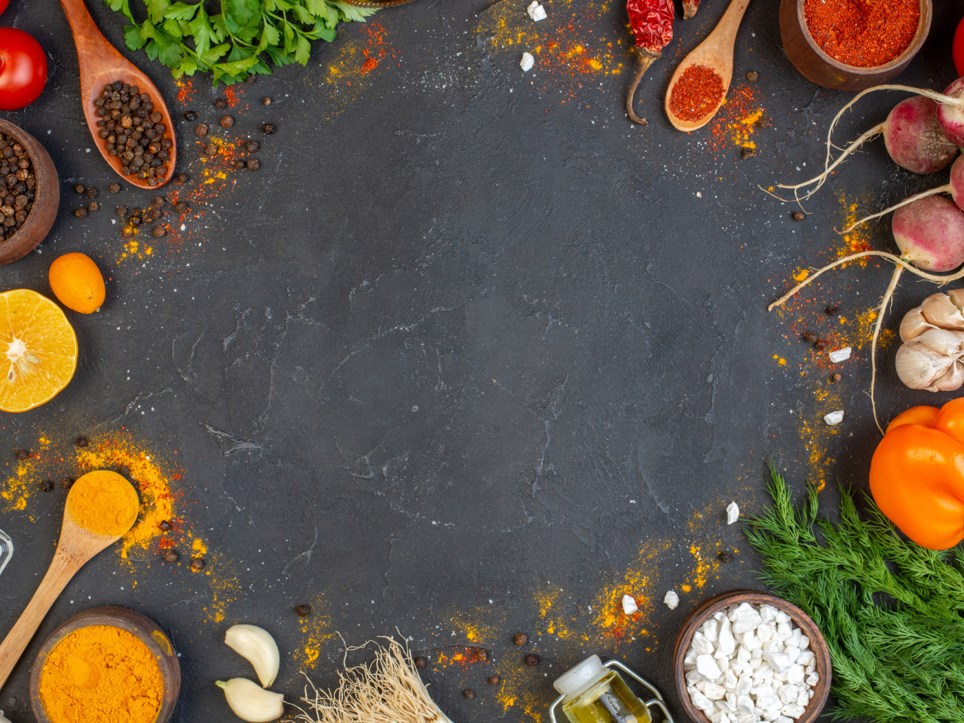 Серый фон с овощами и фруктами, шаблон