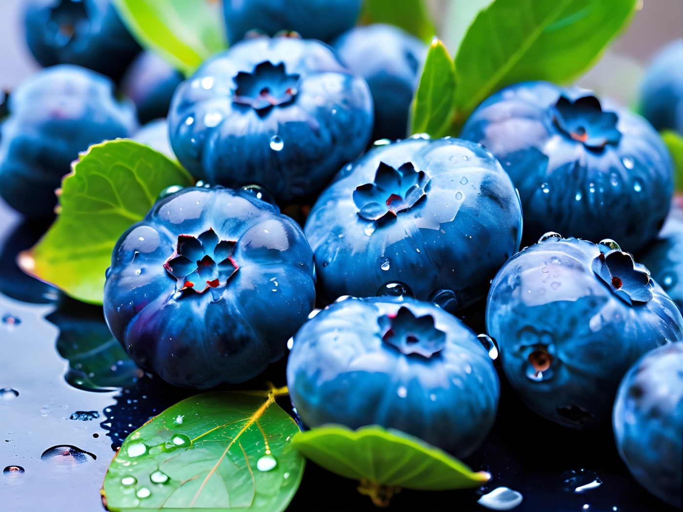 Синие ягоды черники в каплях воды
