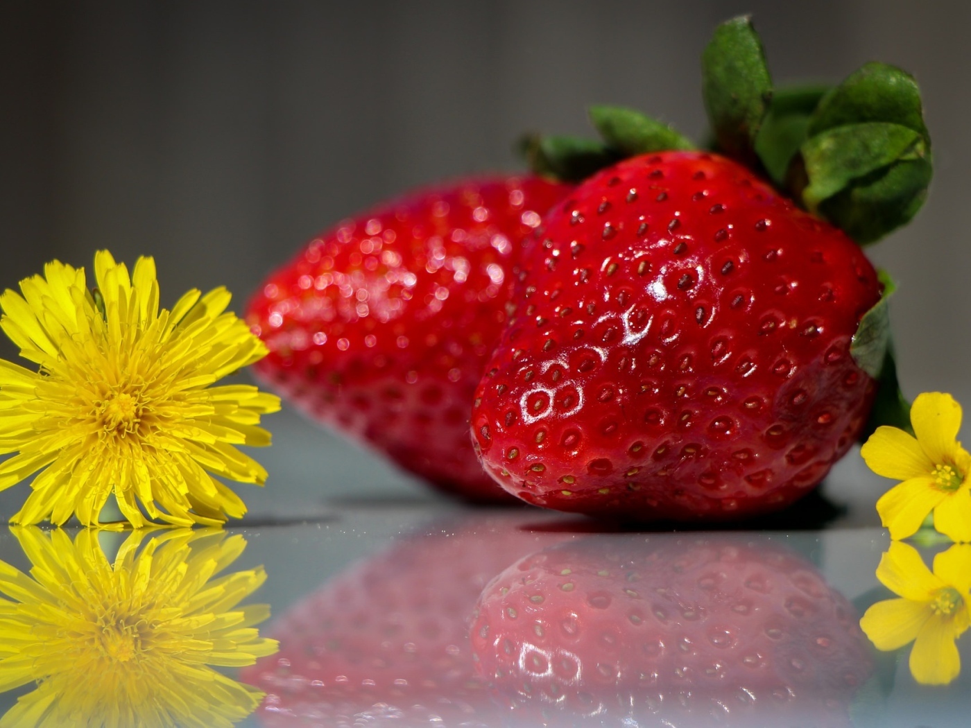 Клубника с одуванчиками на зеркальной поверхности