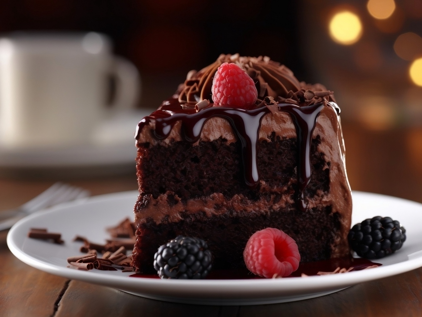 Кусок шоколадного торта с кремом и ягодами на тарелке
