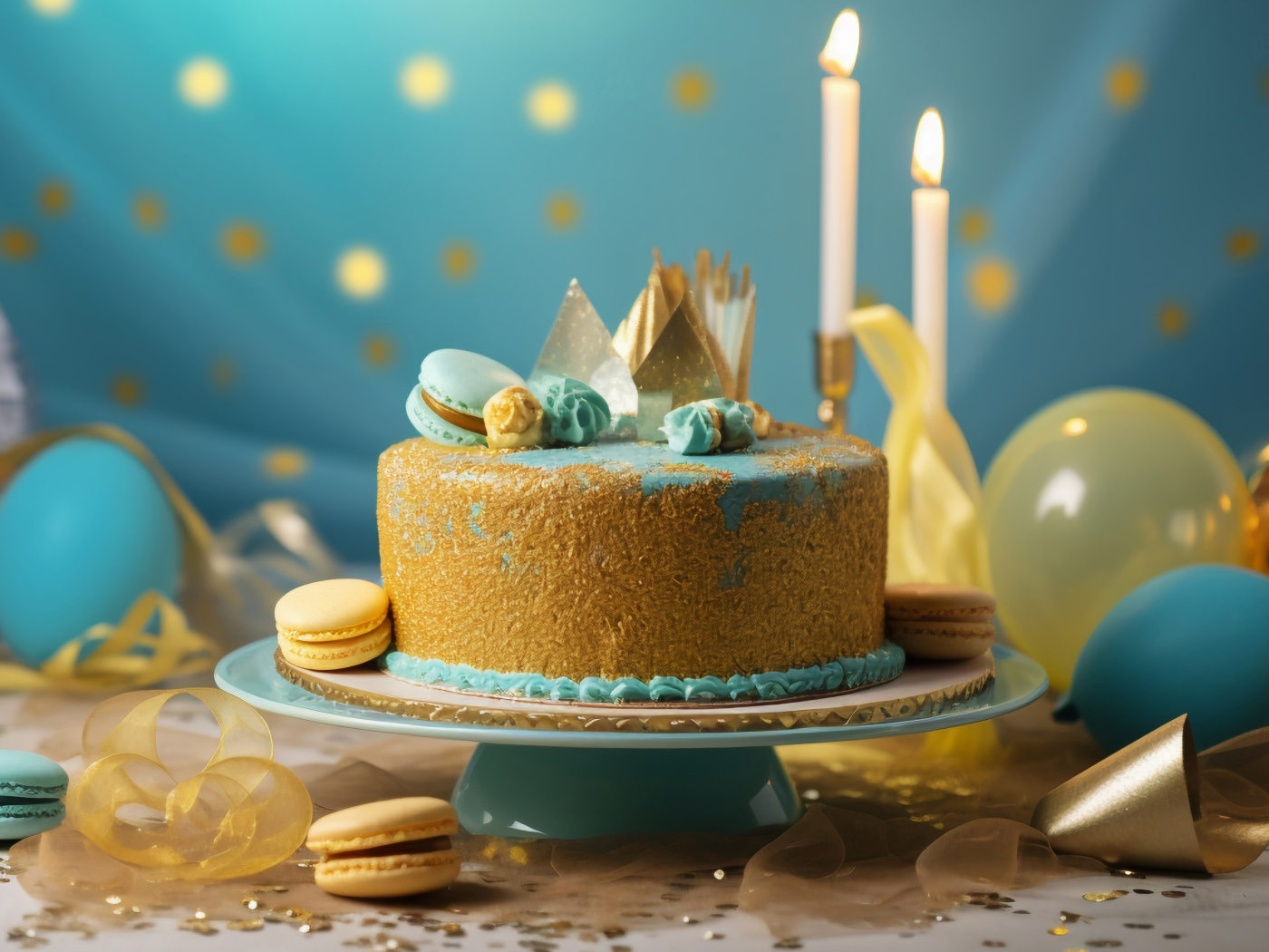 Торт на день рождения в голубой глазури с макарунами