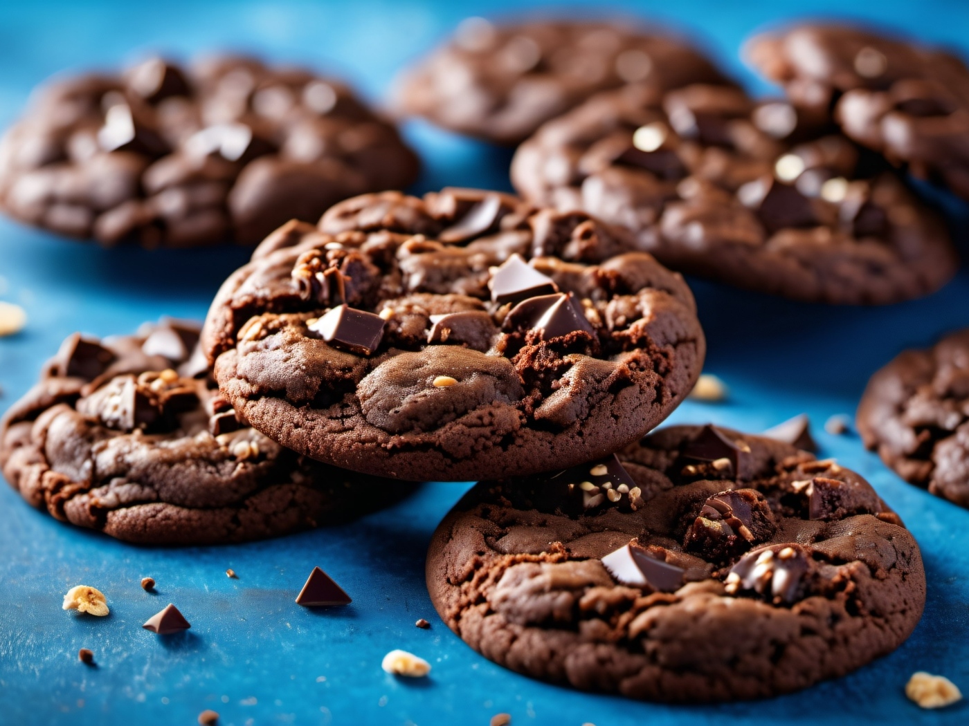 Круглое печенье с шоколадной крошкой на синем столе