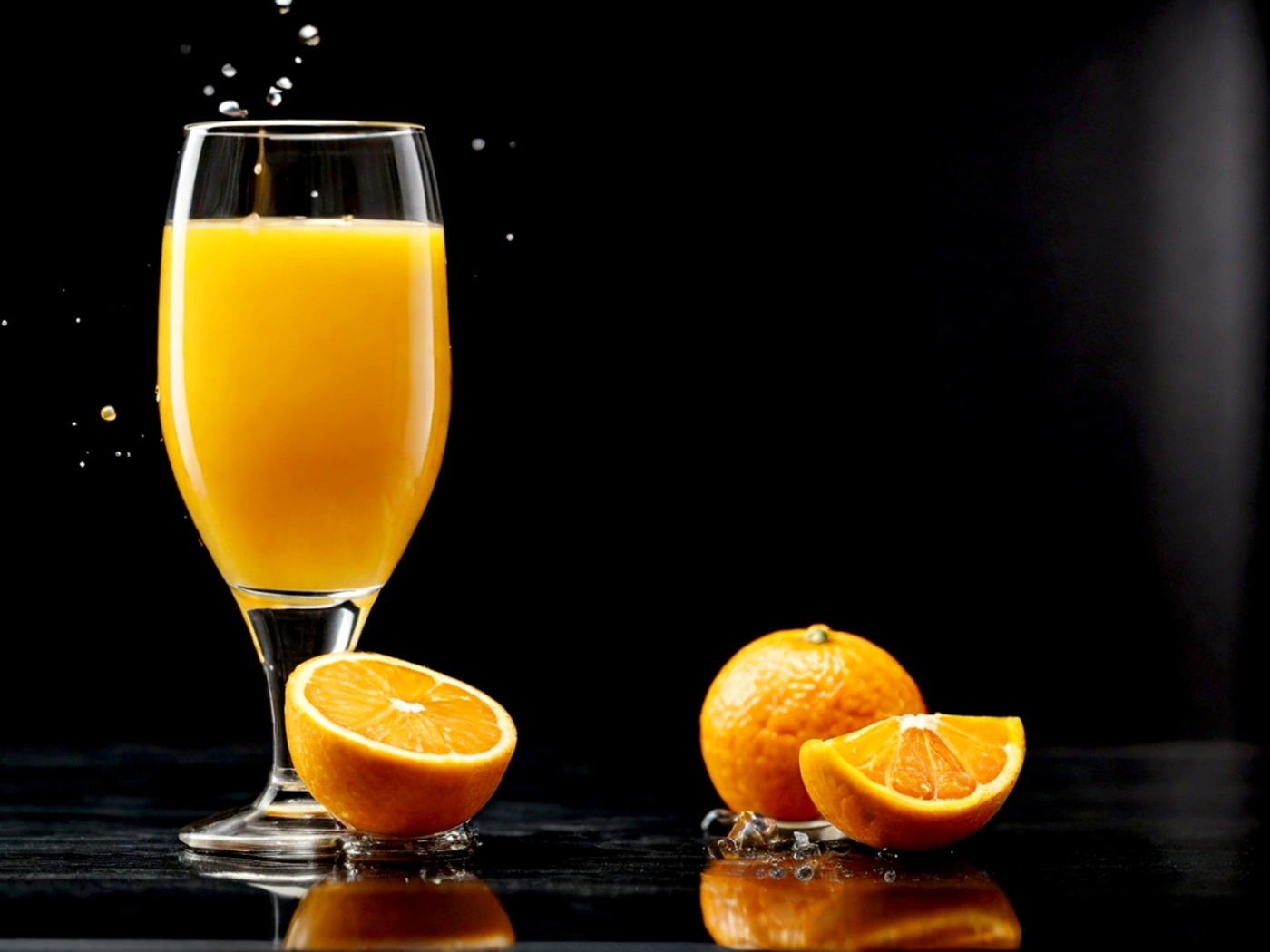 Стакан апельсинового сока с фруктами на столе