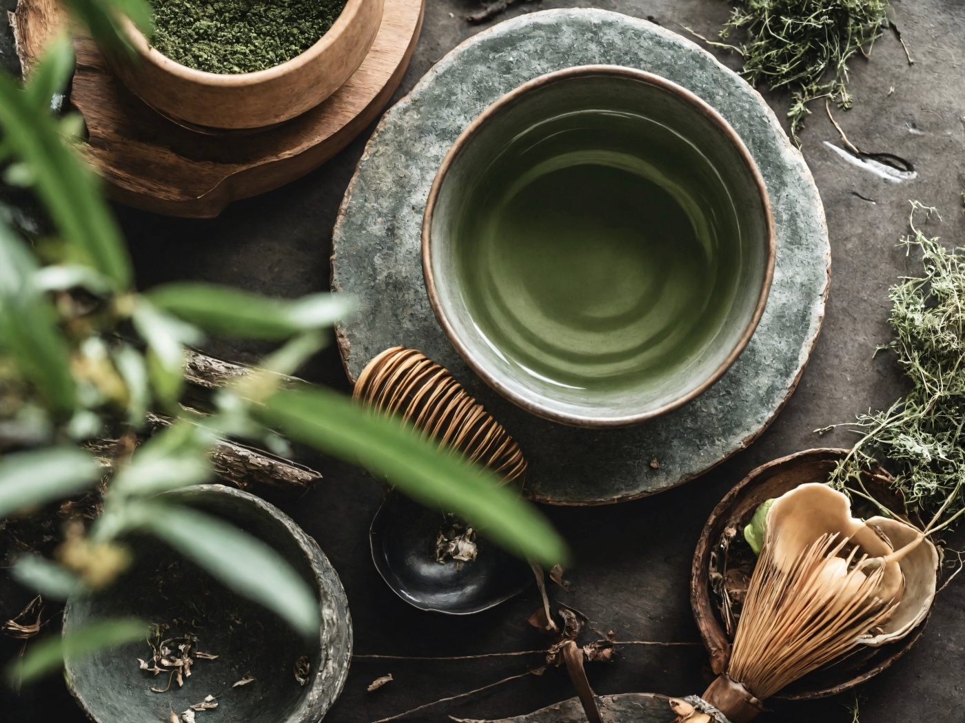 Зеленый чай с посудой на столе