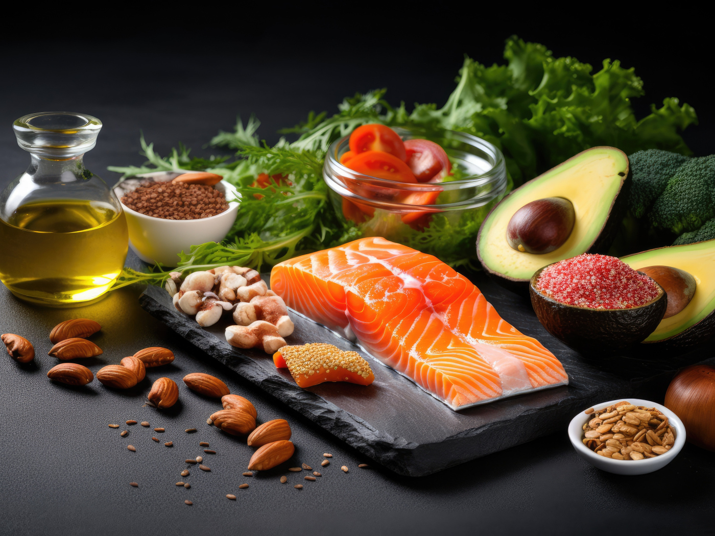 Рыба на столе с орехами и овощами