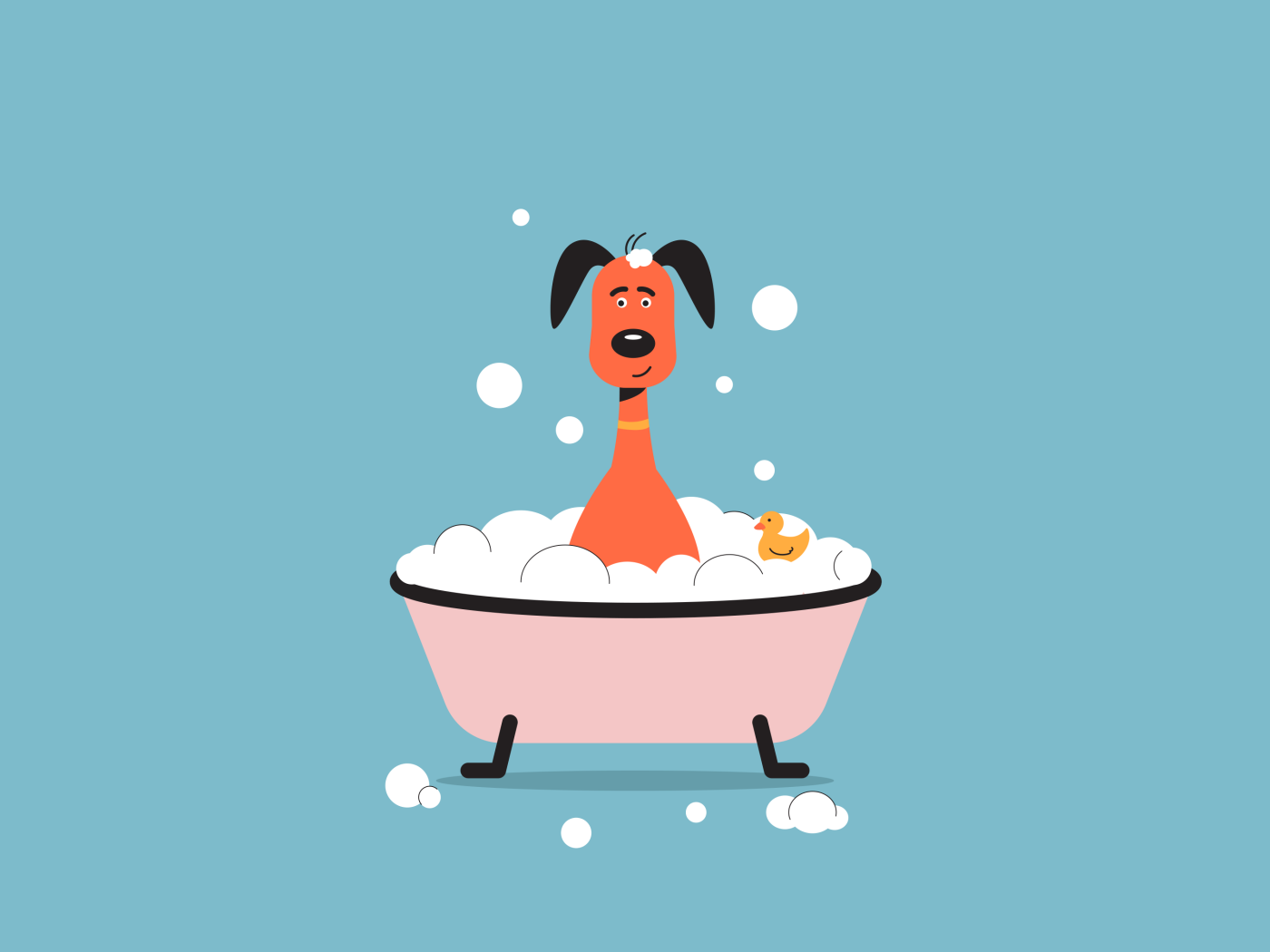 Собака в тазике с пеной на голубом фоне