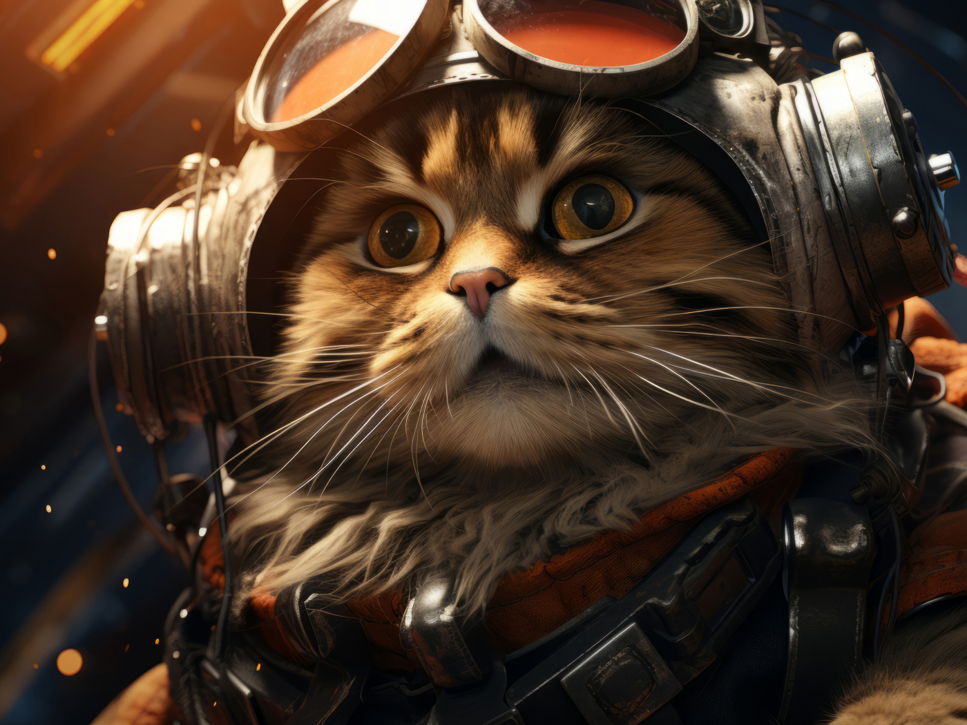 Пушистый серый кот пилот в шлеме
