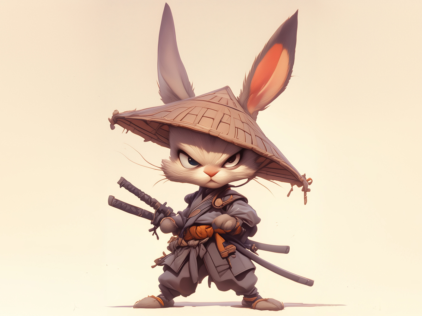 Кролик самурай с двумя катанами на светлом фоне в соломенной шляпе