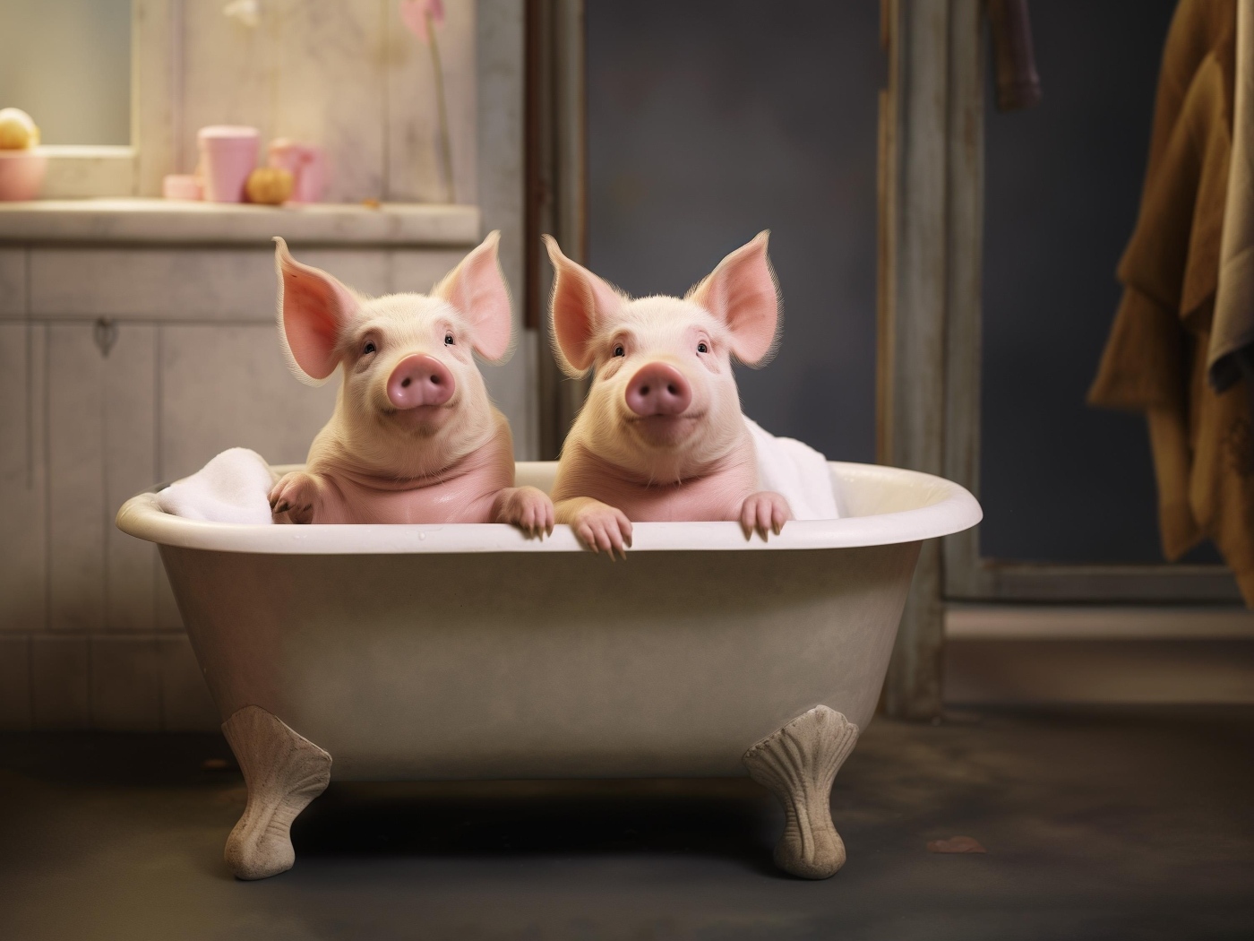 Два розовых поросенка в ванной