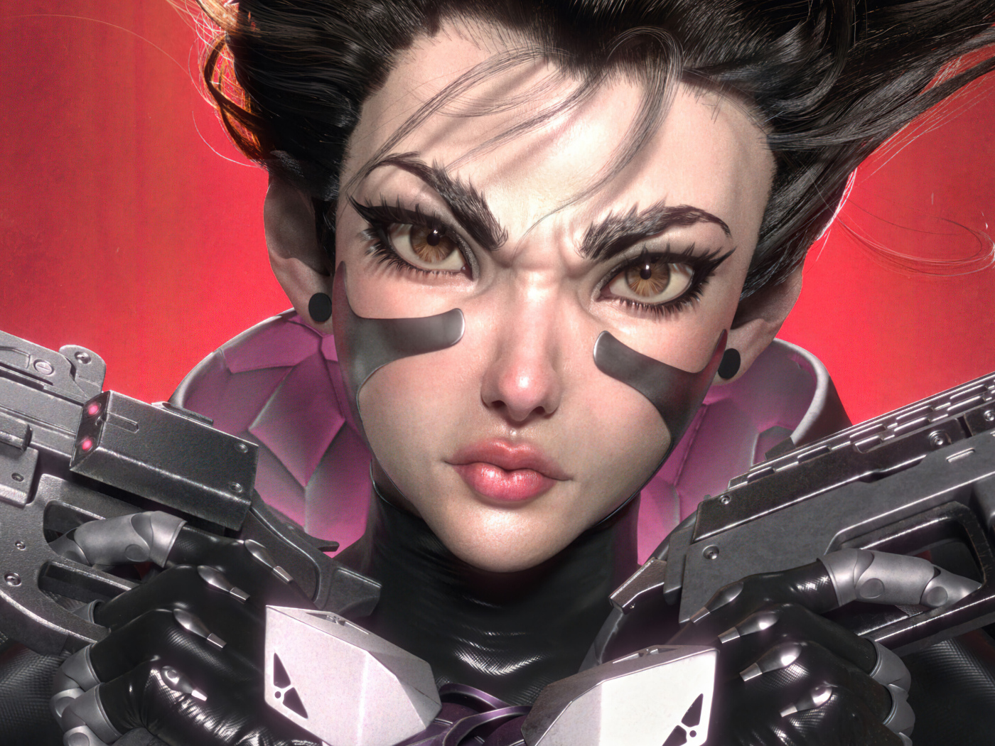 Девушка солдат с оружиев в руках 