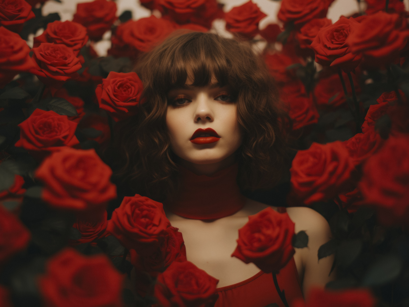 Beautiful girl in a thicket of red roses