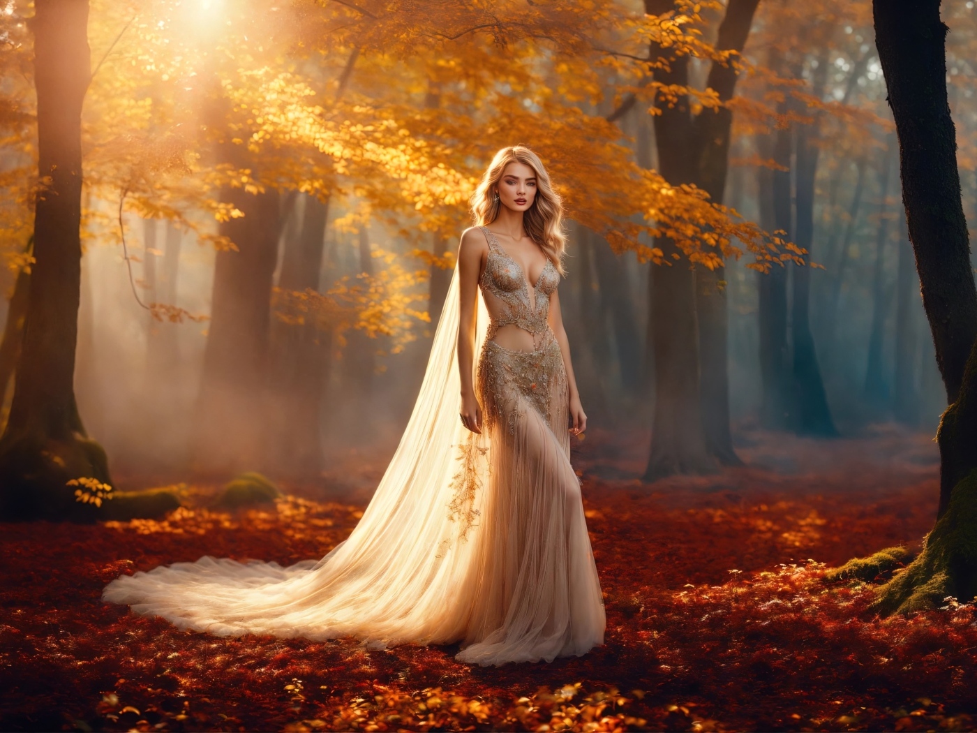 Блондинка в красивом платье в осеннем лесу