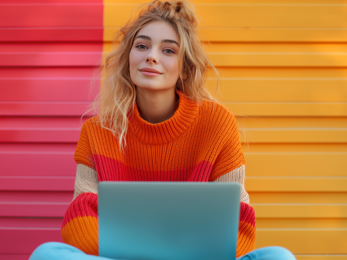 Милая девушка в свитере с ноутбуком