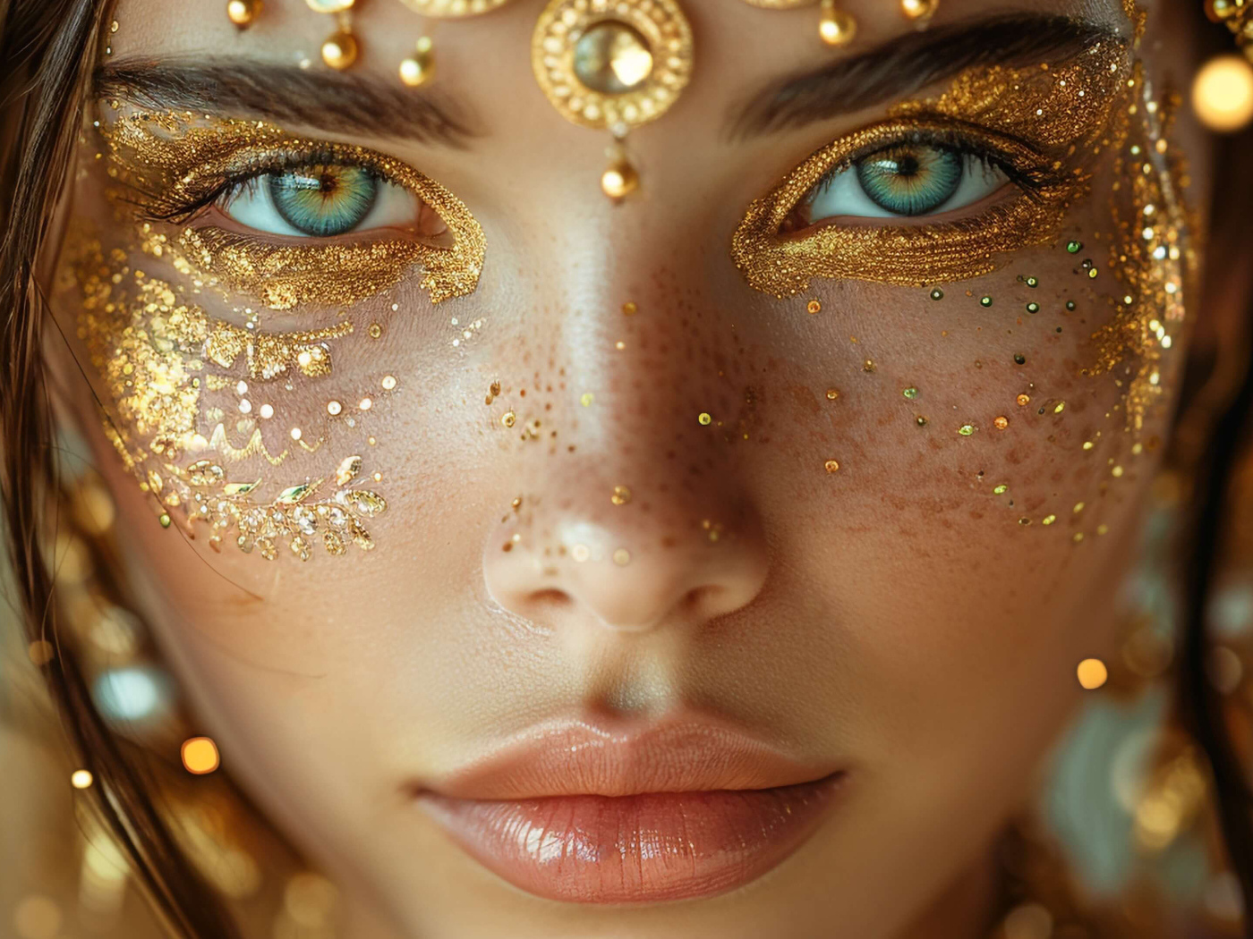 Зеленоглазая девушка с блестящим макияжем на лице