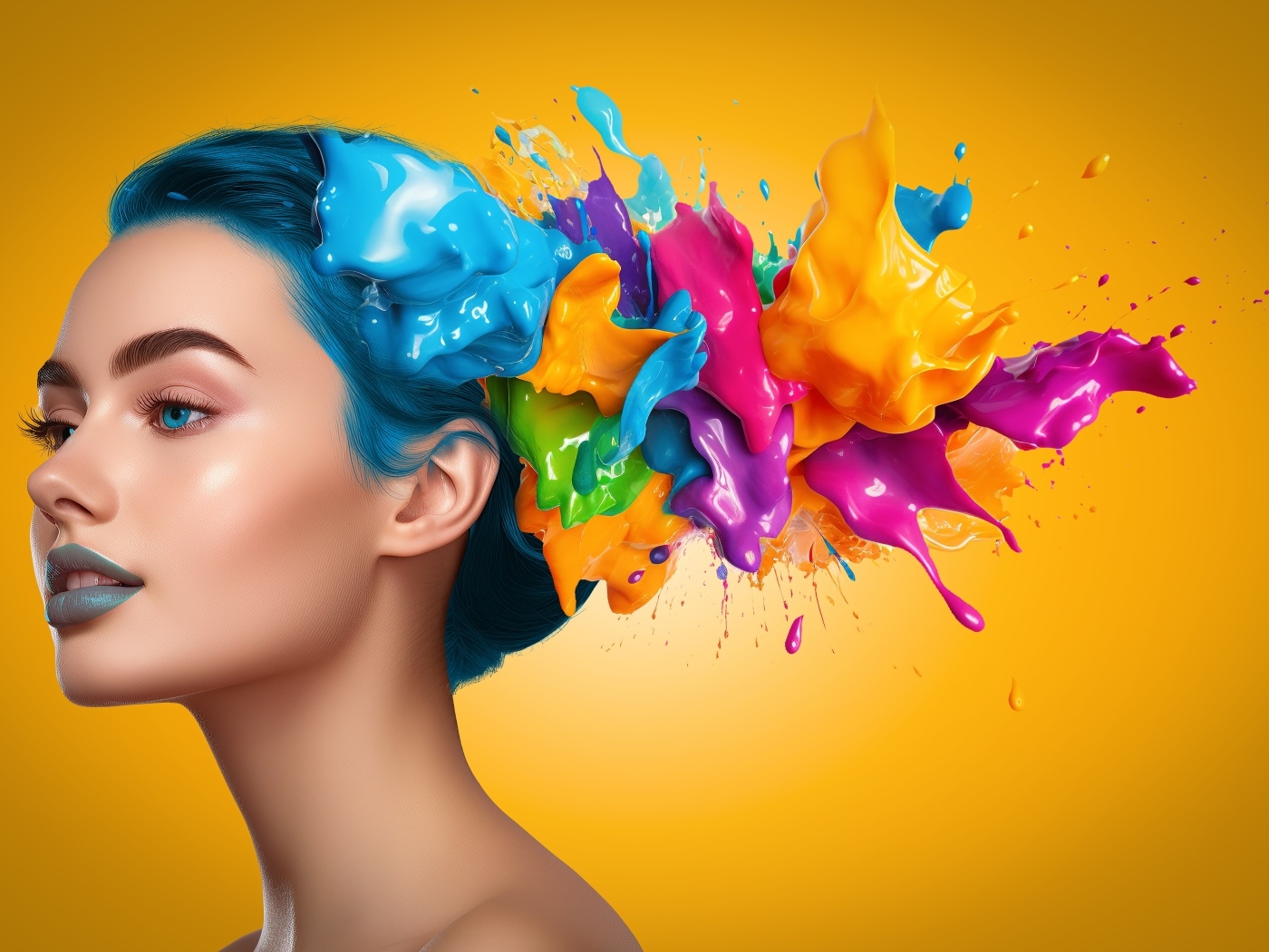 Разноцветная краска на волосах девушки на желтом фоне