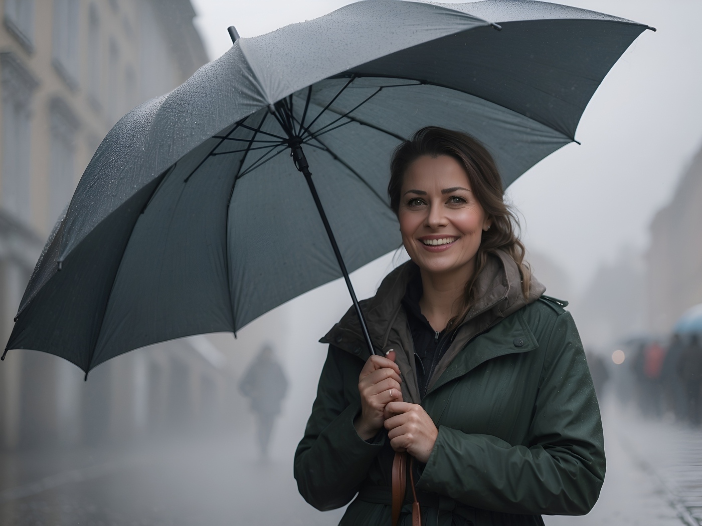 Улыбающаяся девушка под черным зонтом