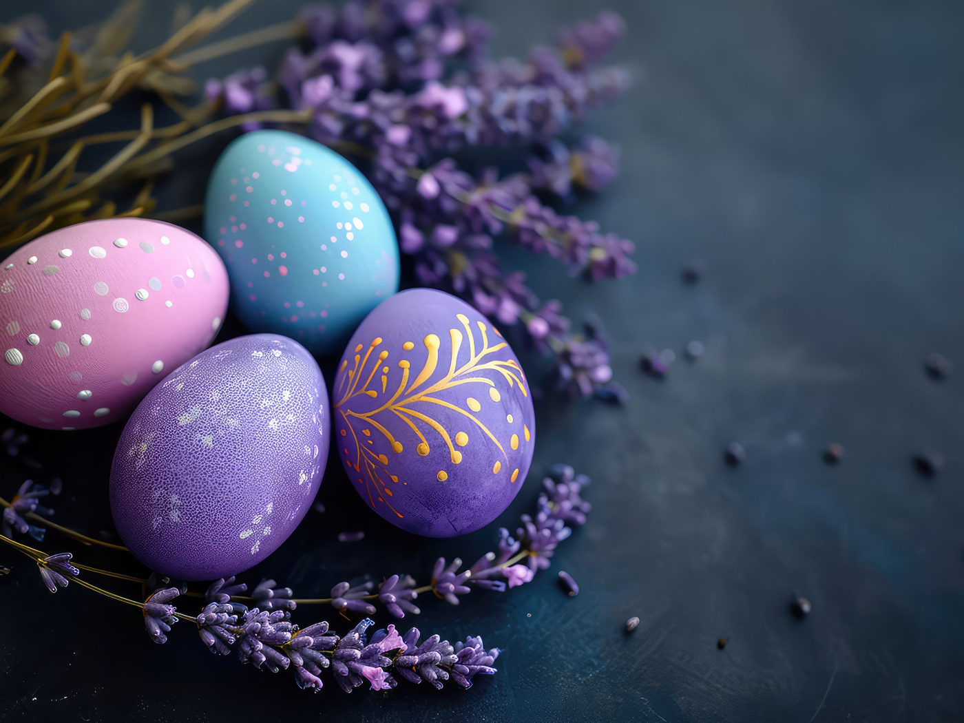Красивые пасхальные яйца с веточками вербы на сером столе