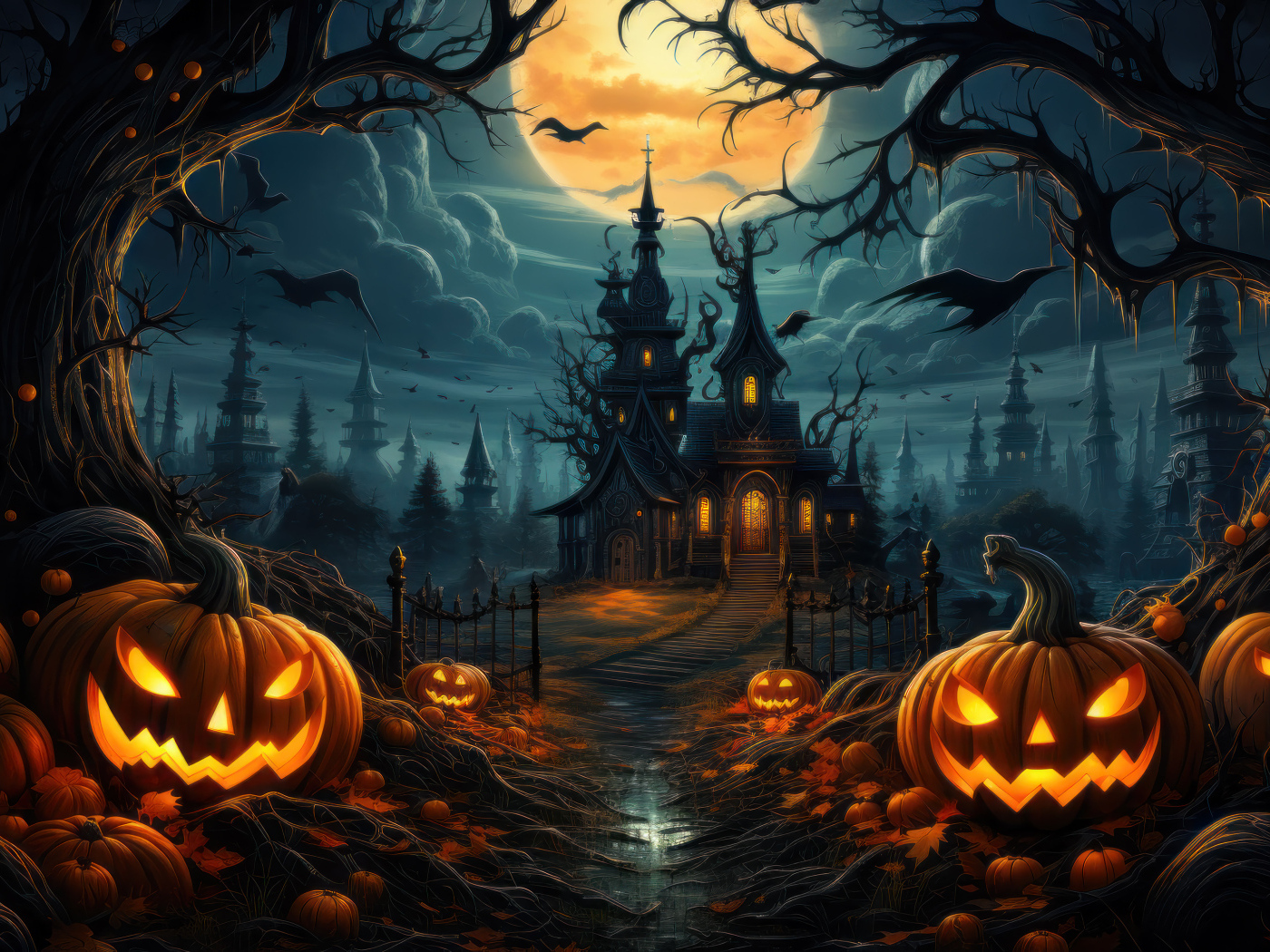 Тыквы освещают дорогу к старому черному замку