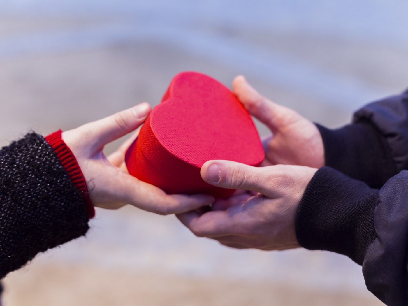 Пара держит небольшую подарочную коробку в форме сердца