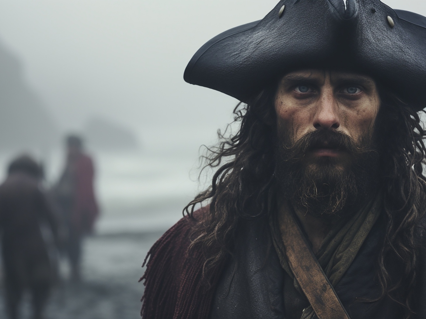 Старый пират в треуголке у моря