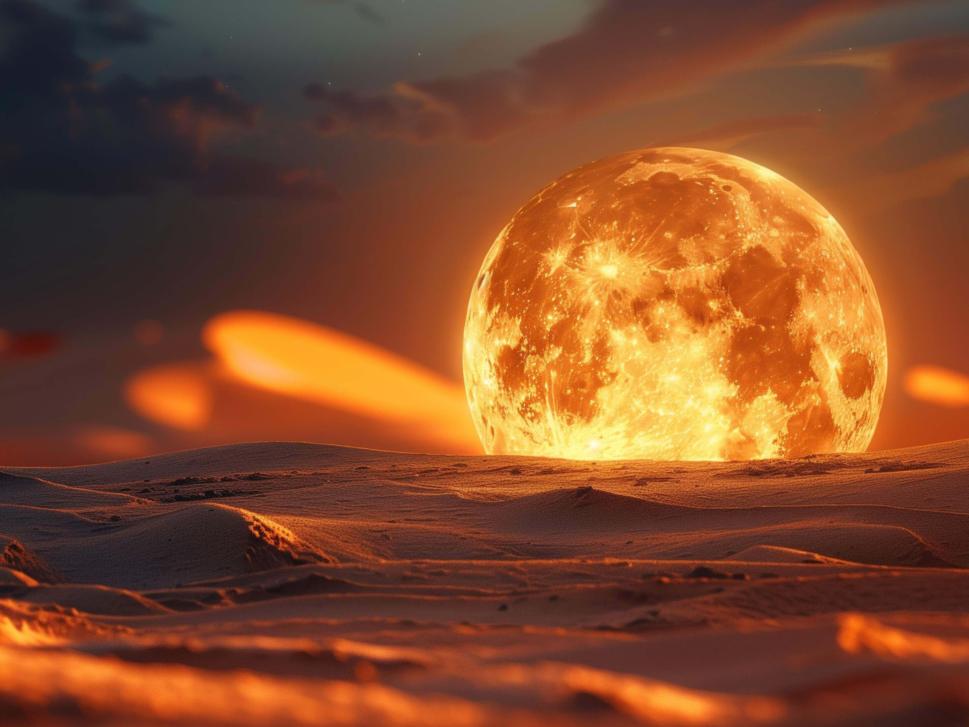 Большая огненная луна на песке