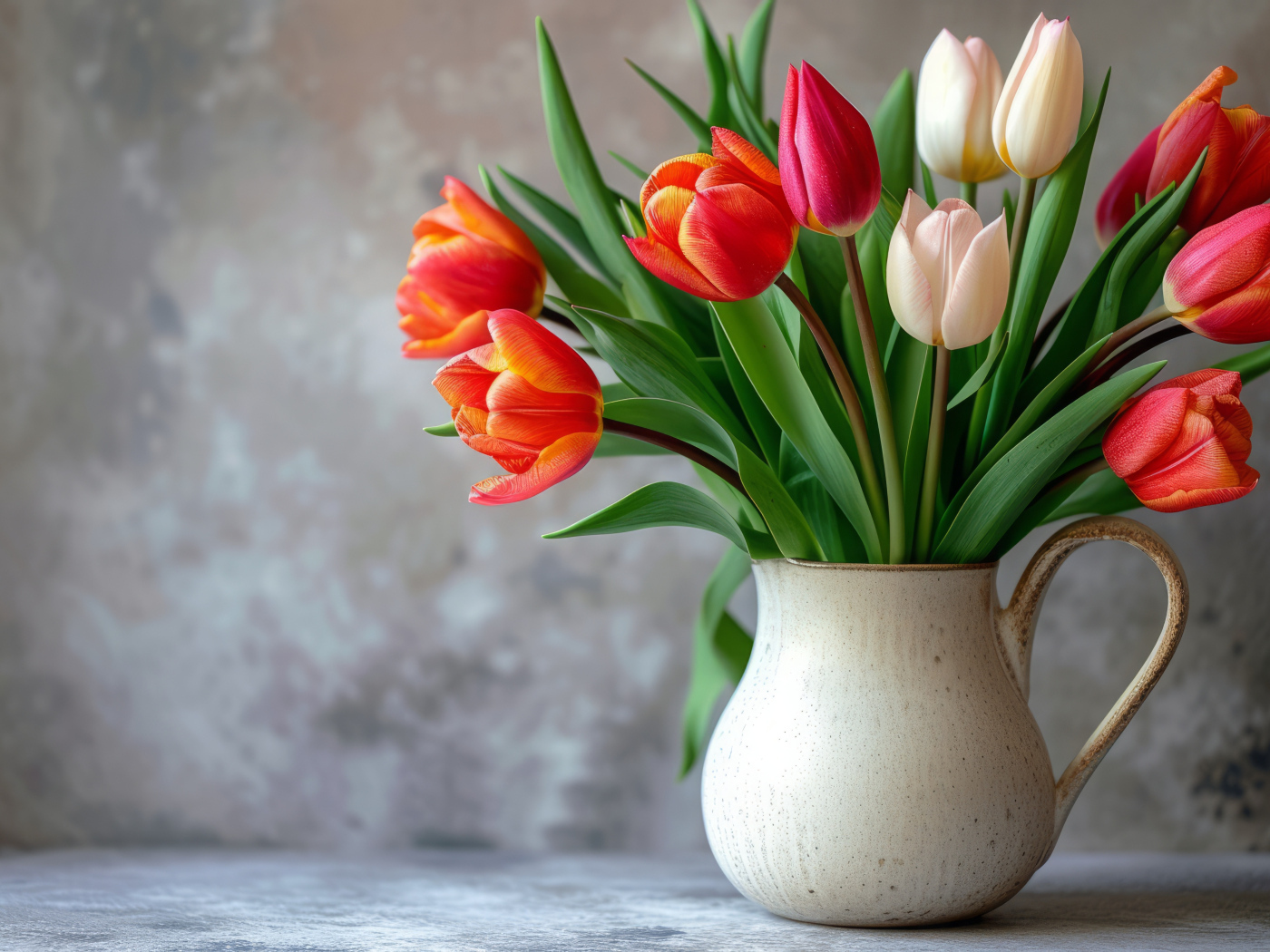 Букет разноцветных тюльпанов в вазе на фоне серой стены