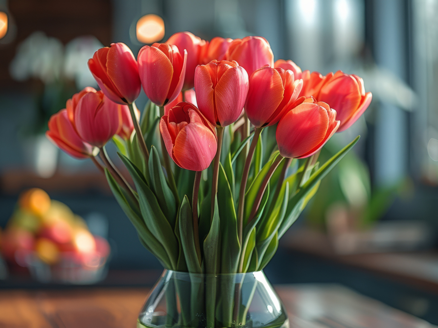 Букет красных тюльпанов в стеклянной прозрачной вазе на столе