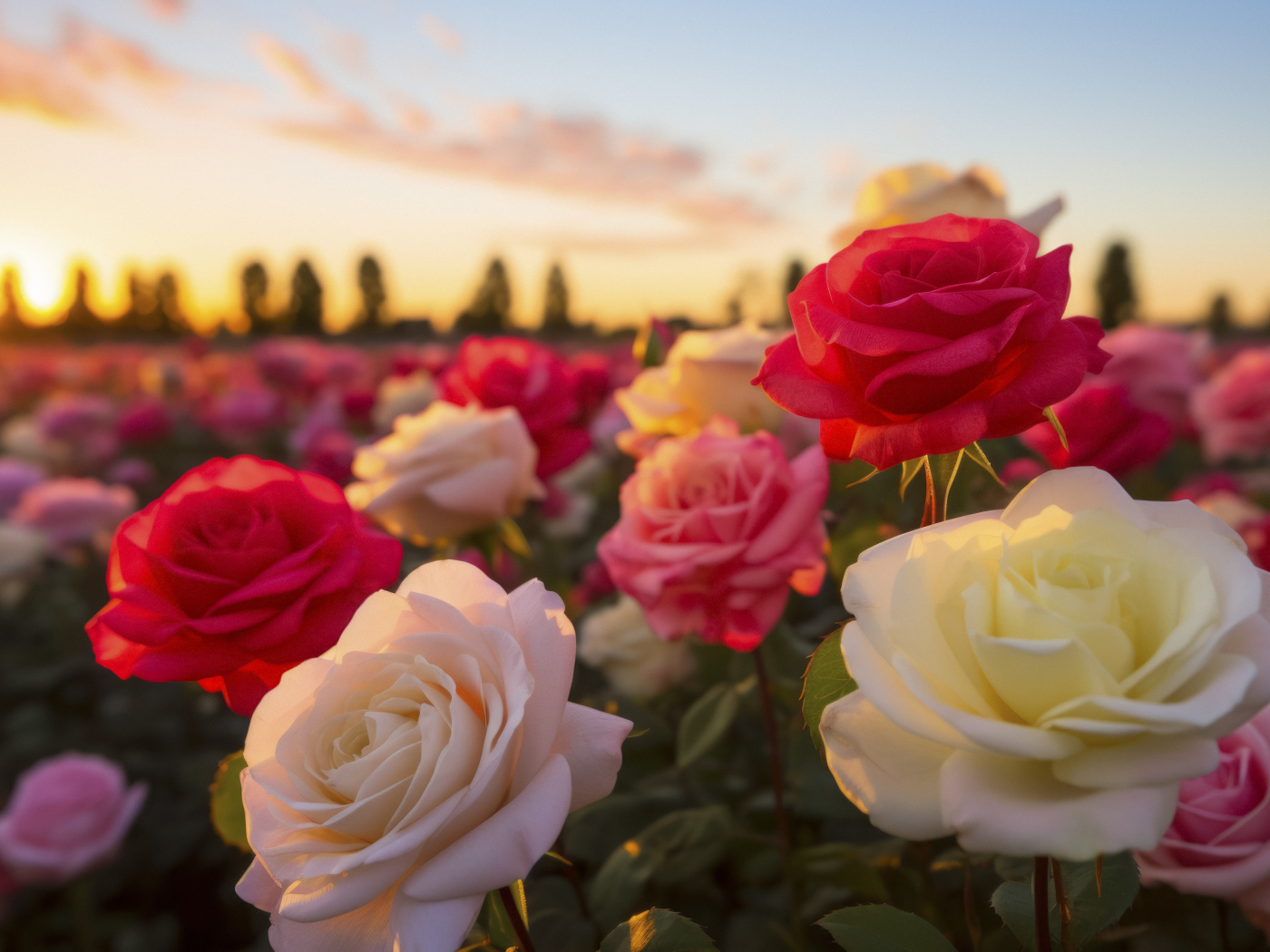 Delicate multi-colored roses in the rays of the sun at sunset