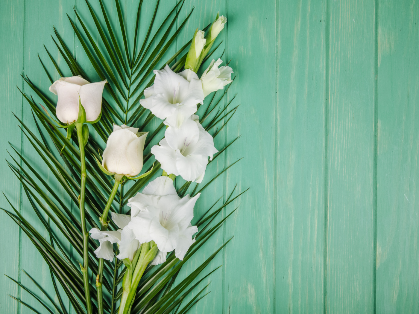 Нежные белые гладиолусы с розой на зеленом фоне