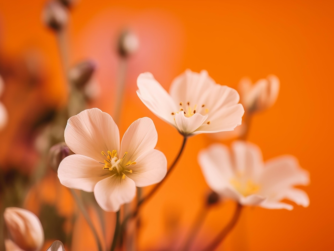 Нежные белые маленькие цветы на оранжевом фоне