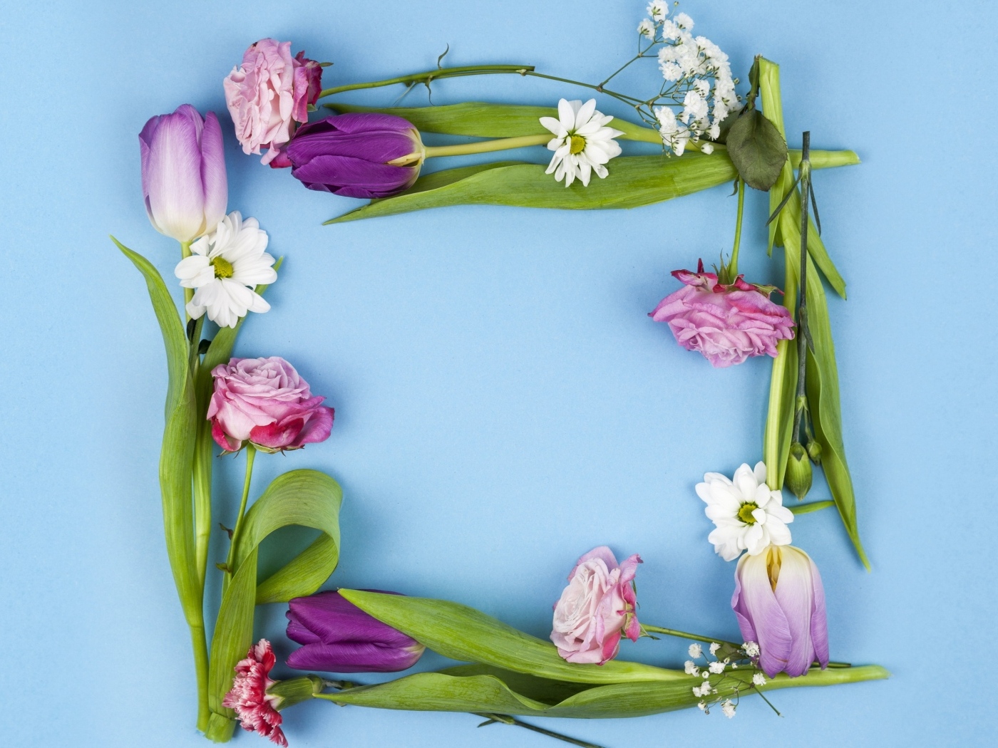 Рамка из разных цветов на голубом фоне