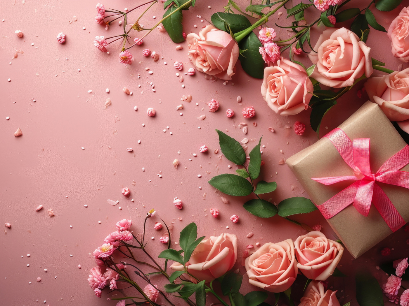 Подарок с розами на розовом фоне