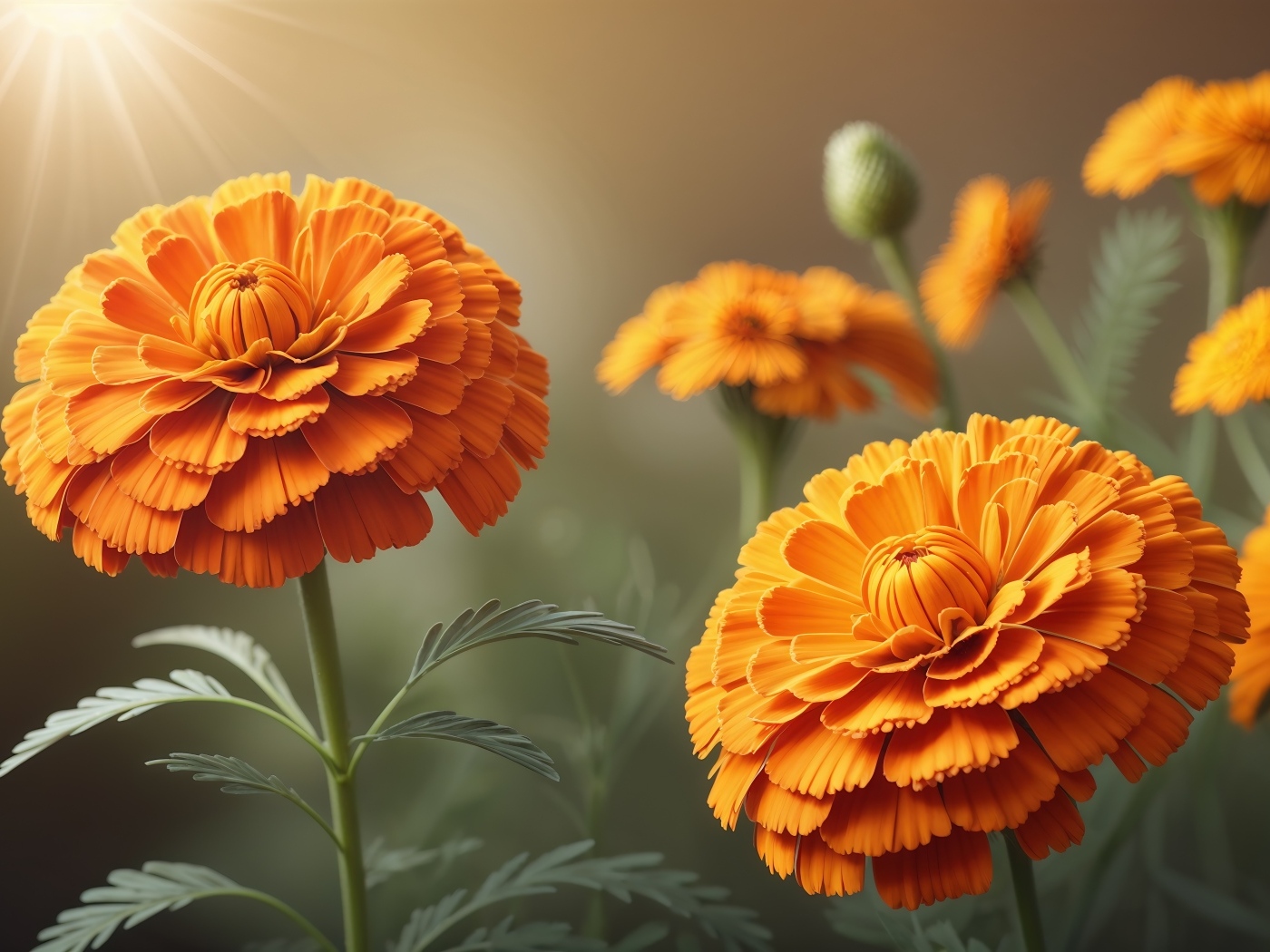 Оранжевые цветы бархатцы в лучах солнца