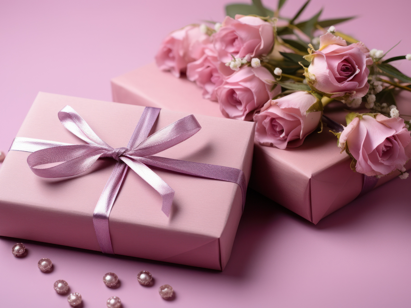Розовые розы с подарками на столе