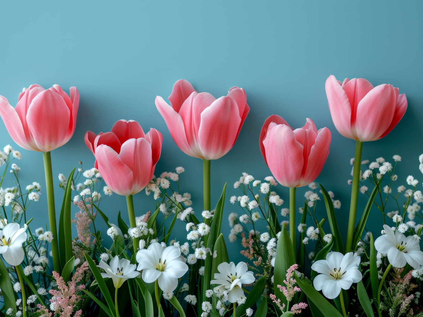 Розовые тюльпаны с белыми цветами на голубом столе