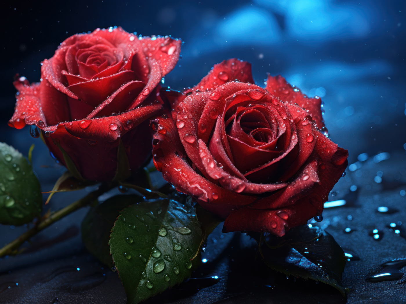 Две красные розы на черной поверхности под дождем