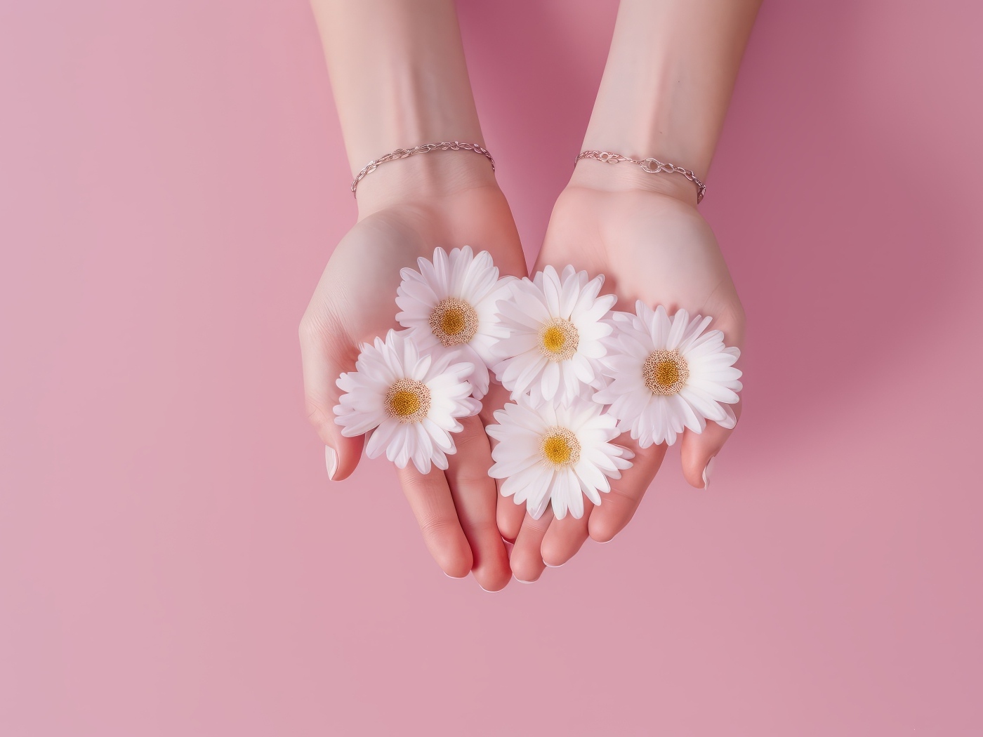 Белые цветы ромашки в ладонях на розовом фоне