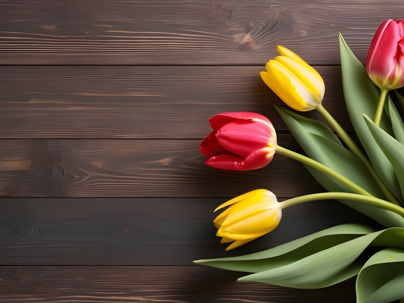 Желтые и розовые тюльпаны на деревянном столе