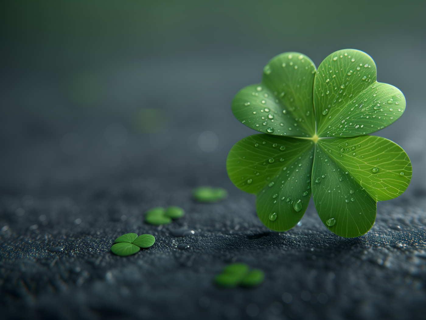 Зеленый лист клевера в каплях росы на асфальте