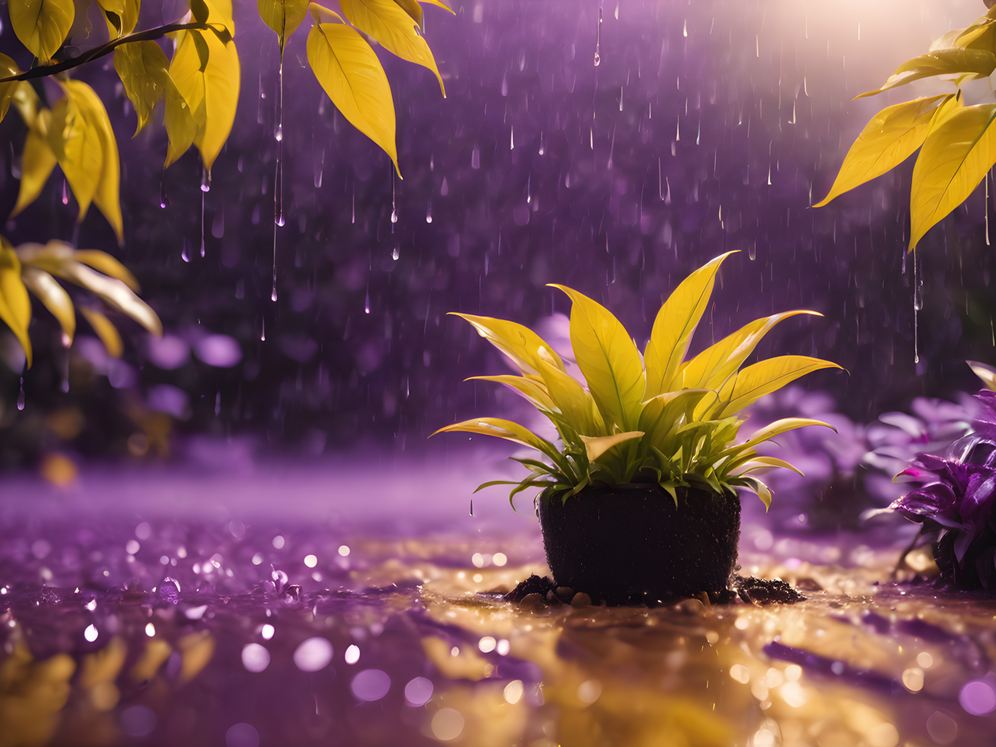 Зеленое растение стоит под дождем