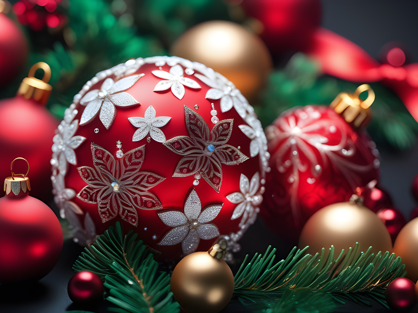 Красивый красный шар с цветами на елку