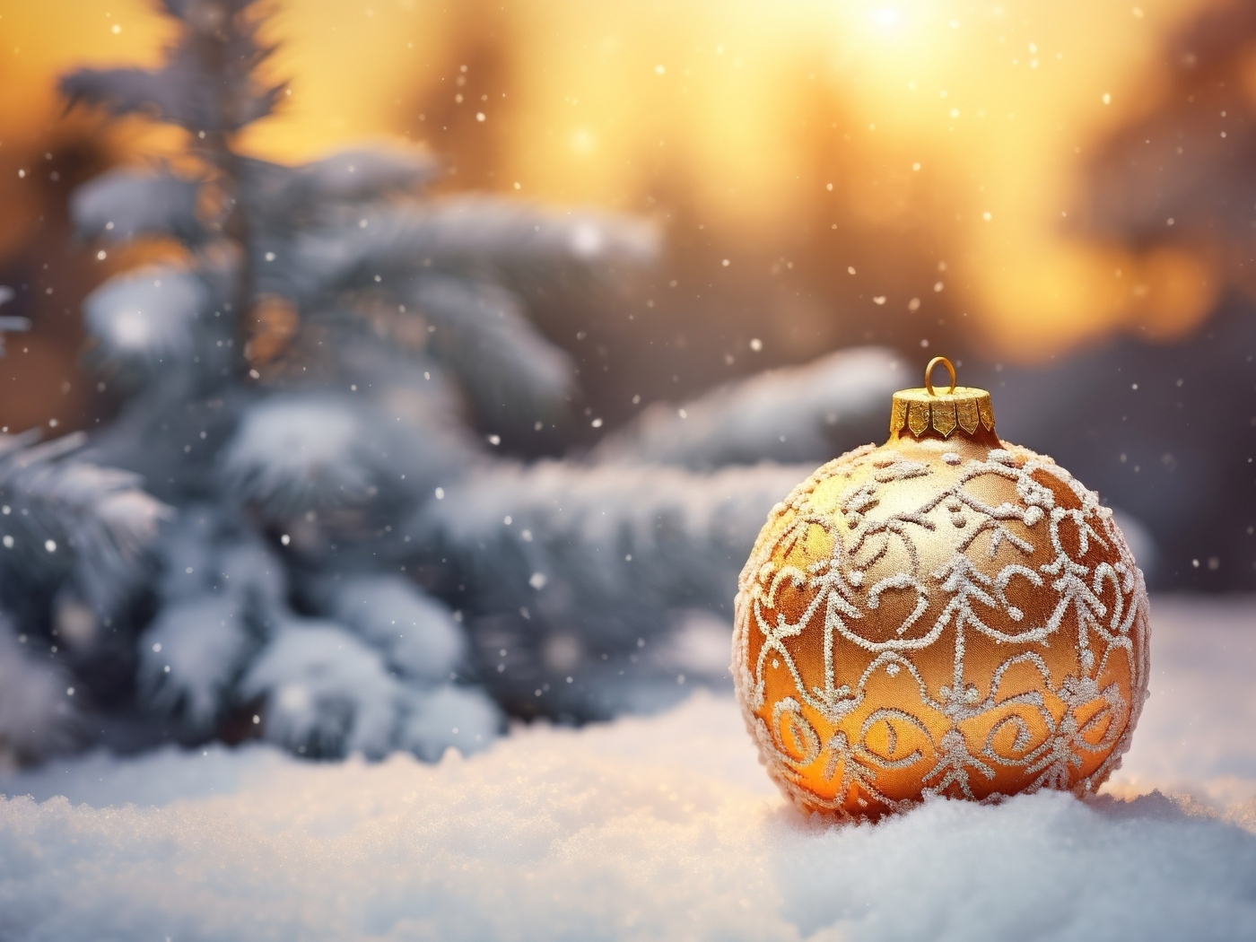 Золотистый еловый шар на снегу в лесу на Новый год