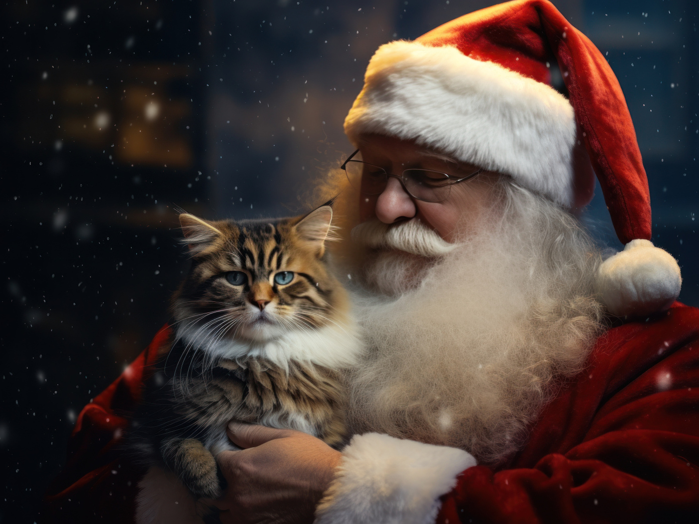 Дед мороз с красивым серым котом в руках